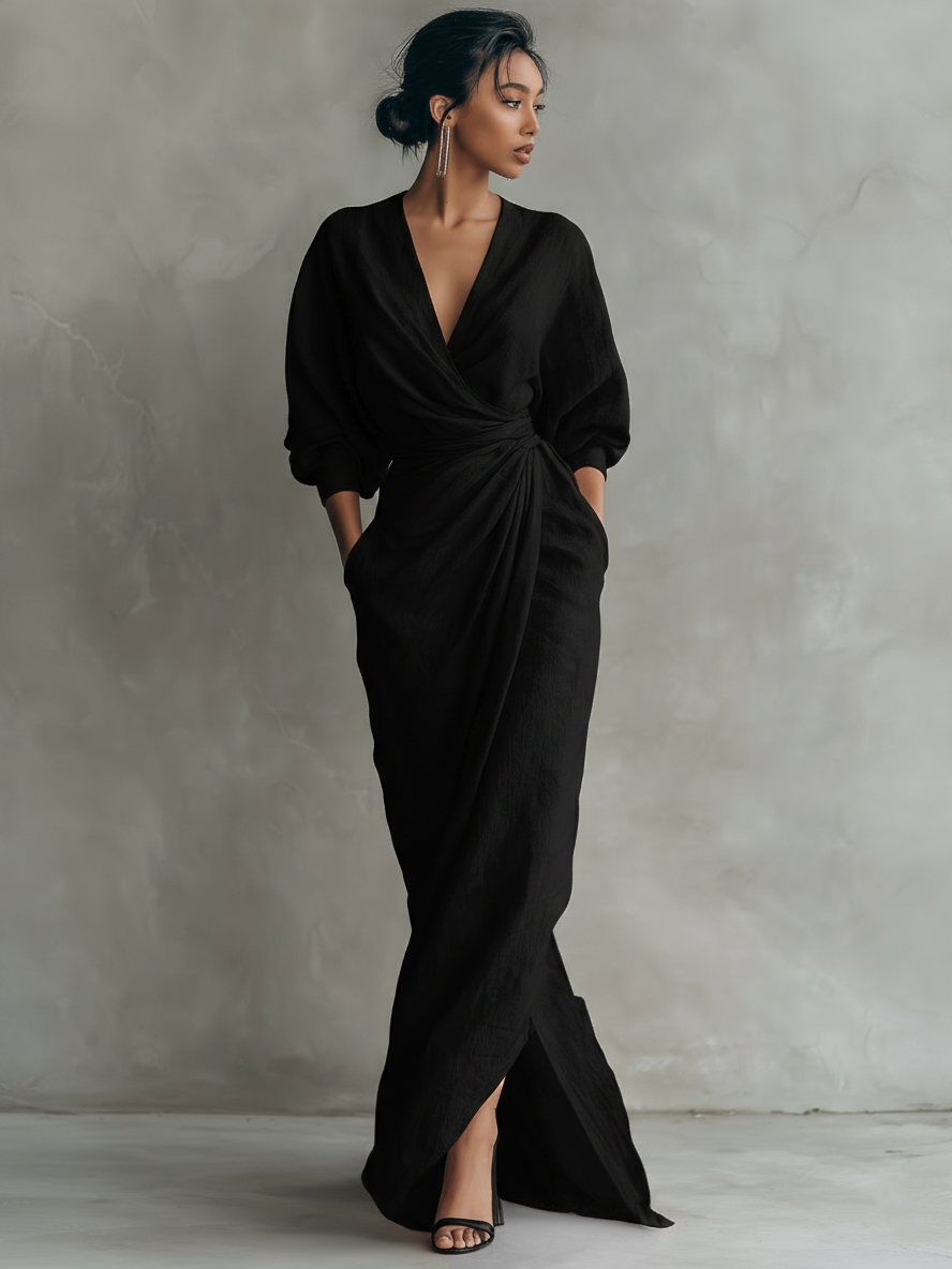 Vestido maxi rosa minimalista para mujer con escote en V