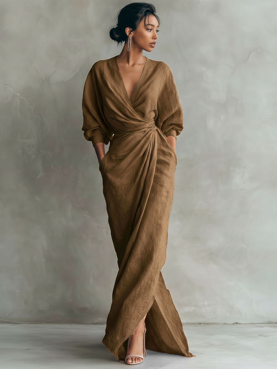 Vestido maxi rosa minimalista para mujer con escote en V