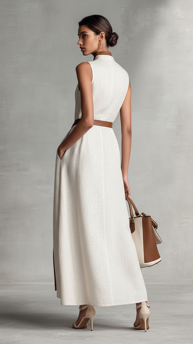 Vestido maxi para mujer, sin mangas, con escote en V y cinturón en la cintura