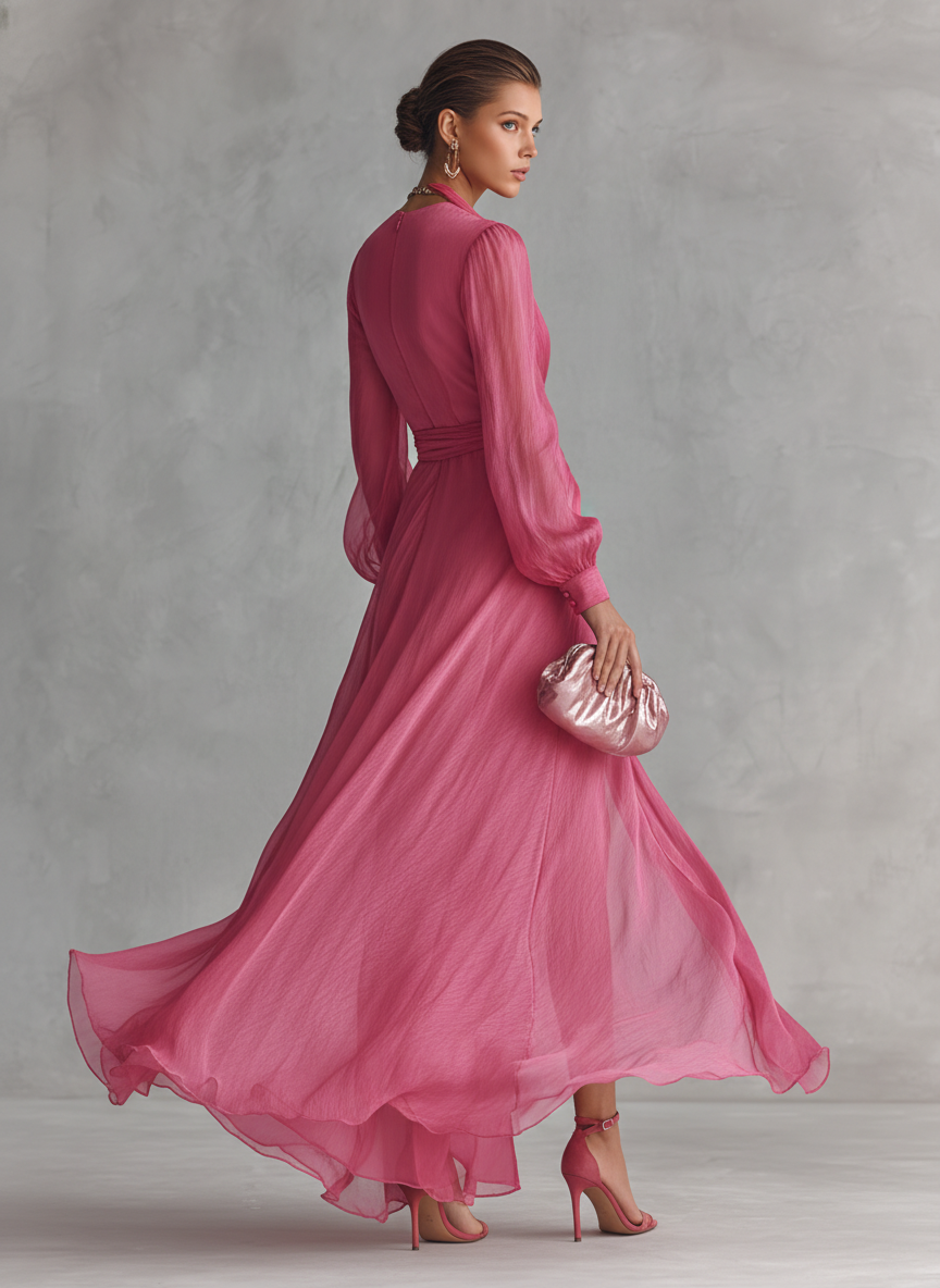 Elegante vestido largo rosa para mujer con perlas y escote en V