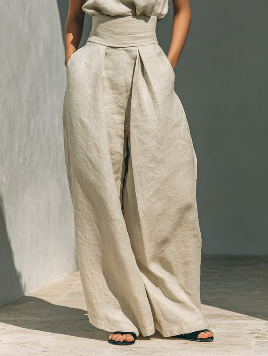 Dorothy • Conjunto con top beige sin mangas y pantalones de pierna ancha