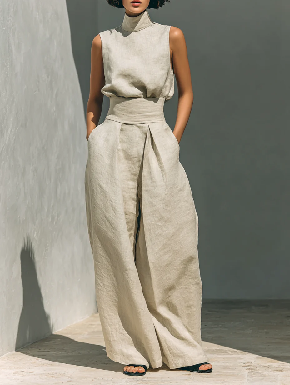 Dorothy • Conjunto con top beige sin mangas y pantalones de pierna ancha