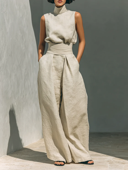 Dorothy • Conjunto con top beige sin mangas y pantalones de pierna ancha