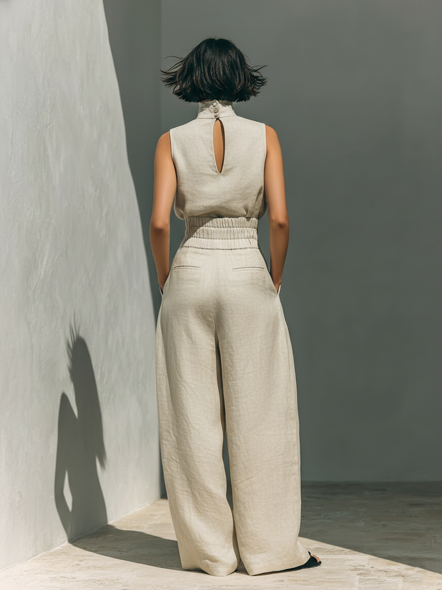 Dorothy • Conjunto con top beige sin mangas y pantalones de pierna ancha