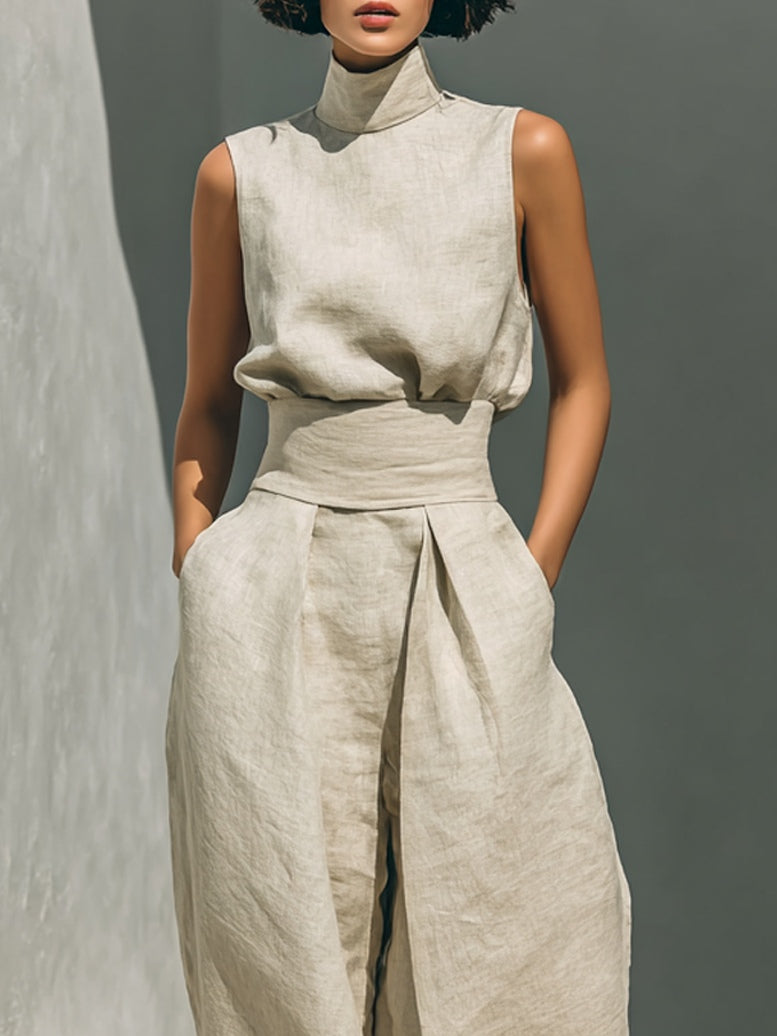 Dorothy • Conjunto con top beige sin mangas y pantalones de pierna ancha