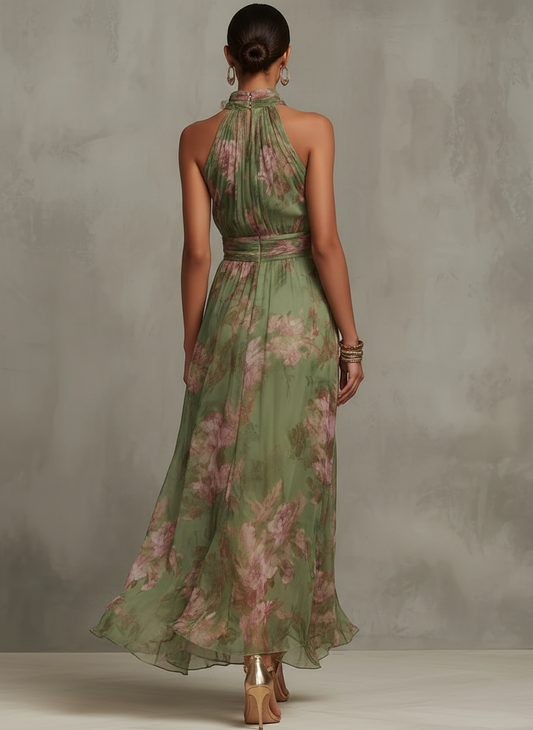 Ruth · Vestido largo verde con estampado floral y escote