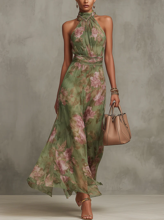 Ruth · Vestido largo verde con estampado floral y escote