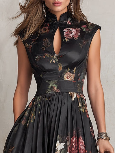 Patricia | Vestido midi plisado de satén negro con estampado floral