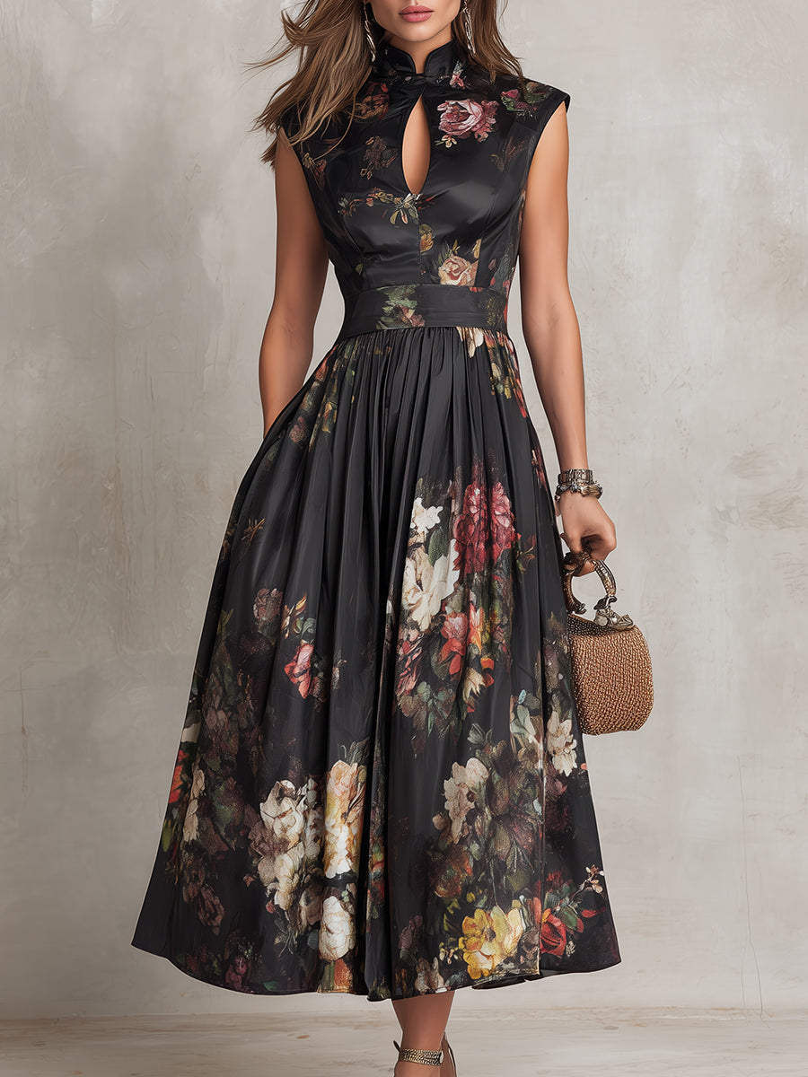 Patricia | Vestido midi plisado de satén negro con estampado floral