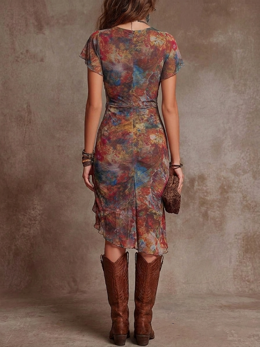 Virginia · Vestido midi plisado con escote en V y estampado boho abstracto