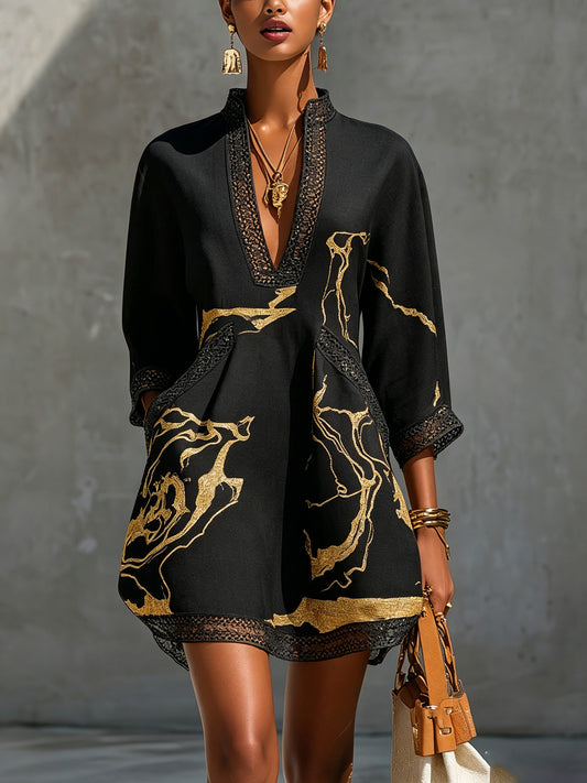 Donatella | Vestido mini negro con estampado de mármol dorado y encaje de ganchillo