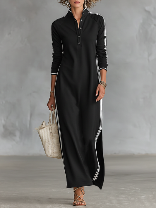Vestido maxi tipo sudadera para mujer con cuello de botones y ribete blanco