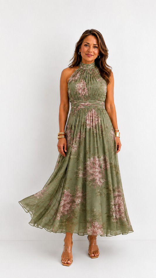 Serena | Vestido largo verde de chifón con estampado floral y cuello halter
