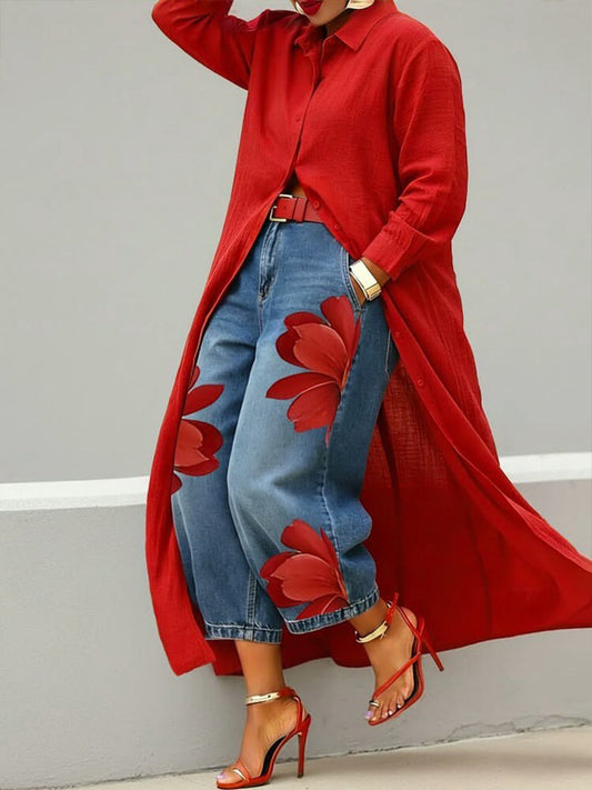 Vianca™ | Conjunto con vestido camisero rojo y vaqueros anchos de flores