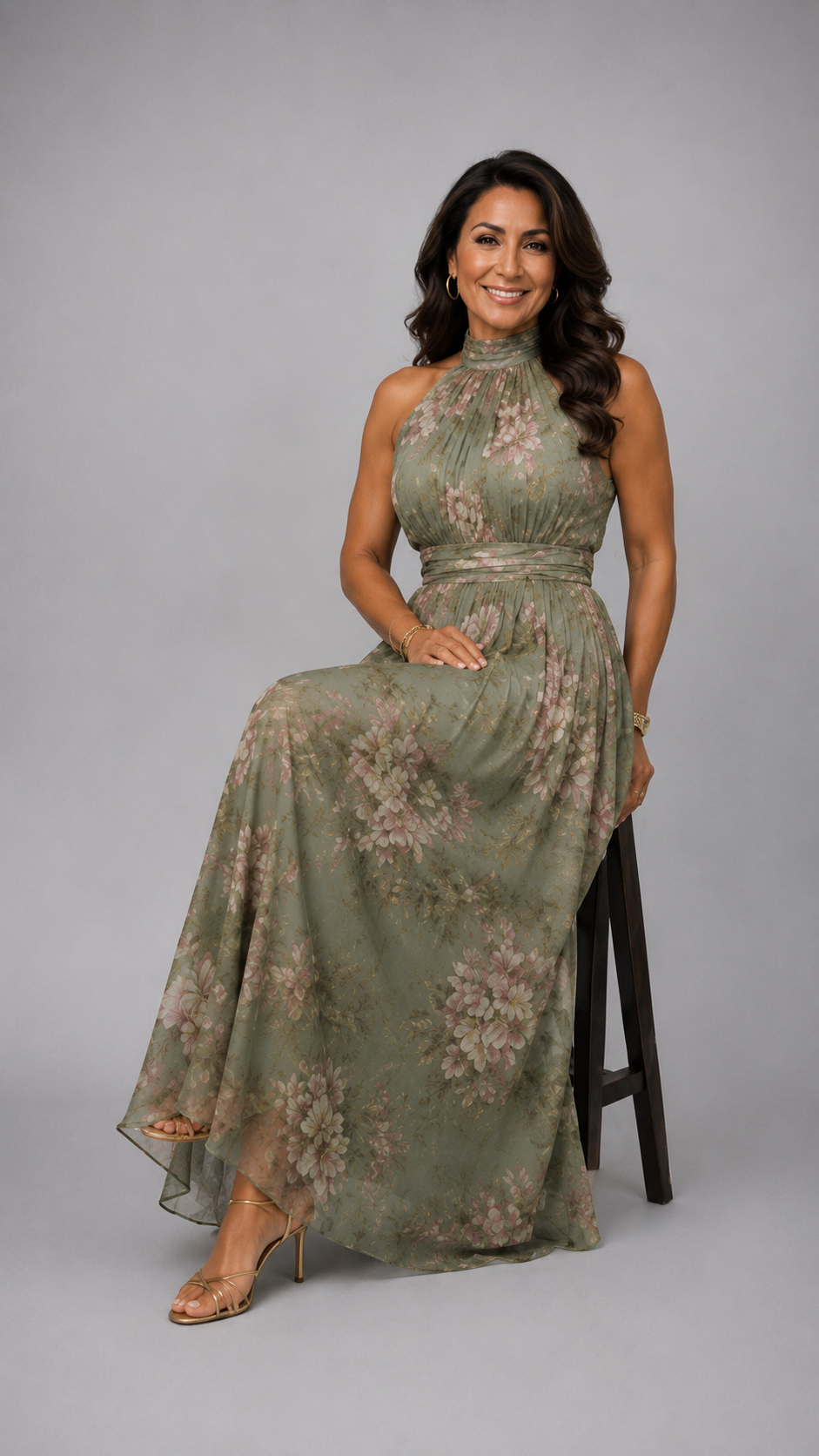 Serena | Vestido largo verde de chifón con estampado floral y cuello halter